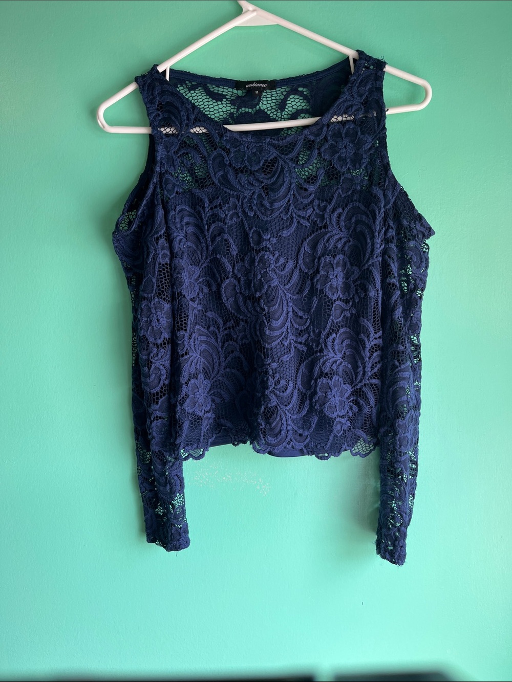 Ambiance Navy Lace Cold-Shoulder Crop Top